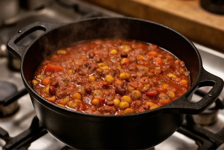 Cast iron Dutch oven with simmering chili on stove