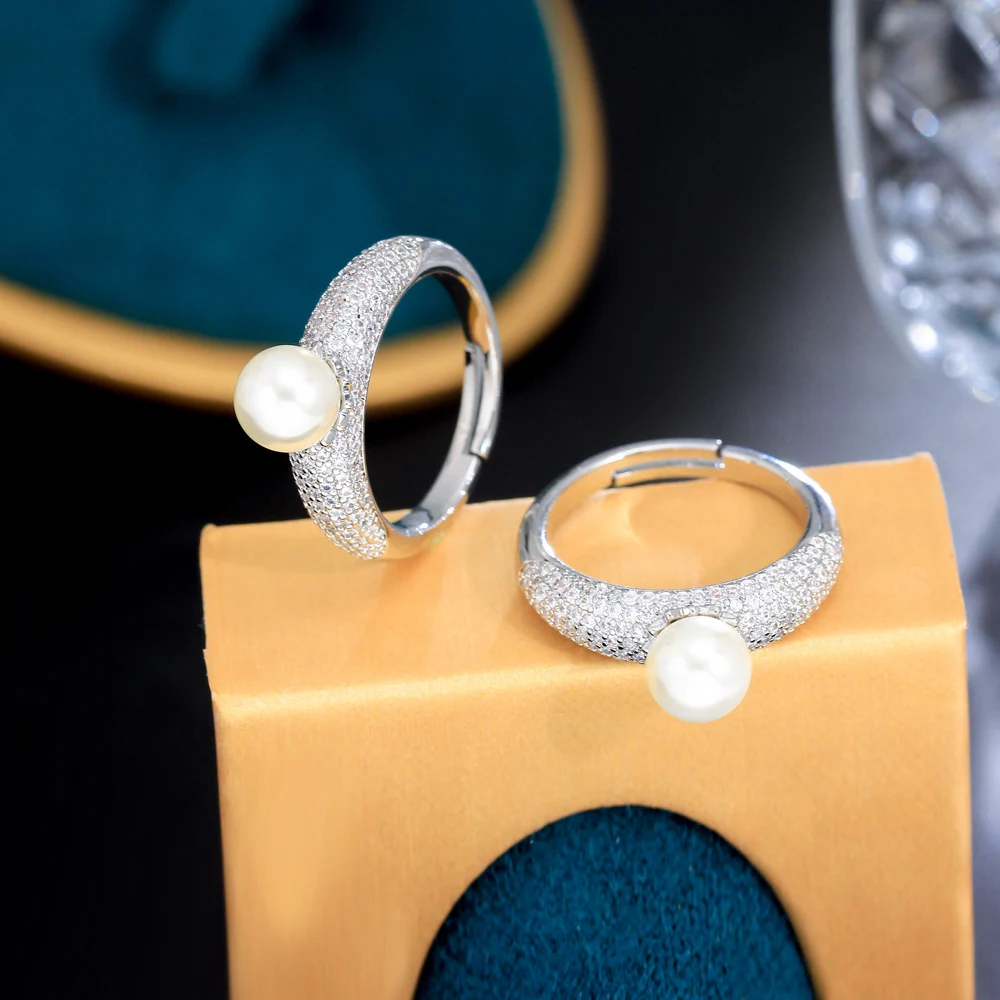 Adjustable Micro Pave Cubic Zirconia Silver Plated Bridal Wedding Round Pearl Rings Female Engagement CZ Jewelry Accessories
