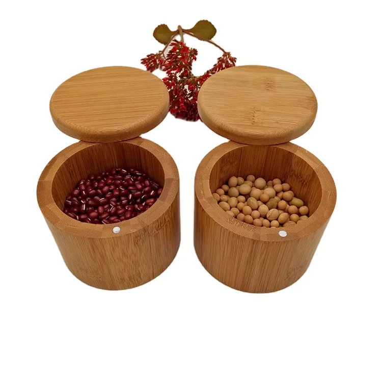 

Natural Wooden Custom Logo Round Spices Storage Container Spice Jar Organic Bamboo Salt Box With Magnet Swivel Lid