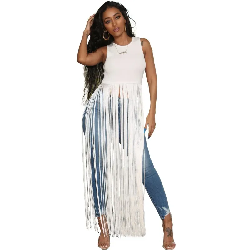 

Plus size women t-shirt new summer o-neck sleeveless tassel maxi dress long tank tops fashion beach vestidos B1514