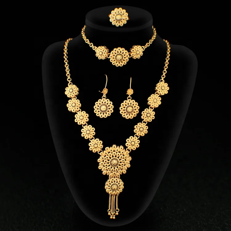 

Simple design fashion jewelry 24K gold-plated laser engraved bridal jewelry set, Gold color