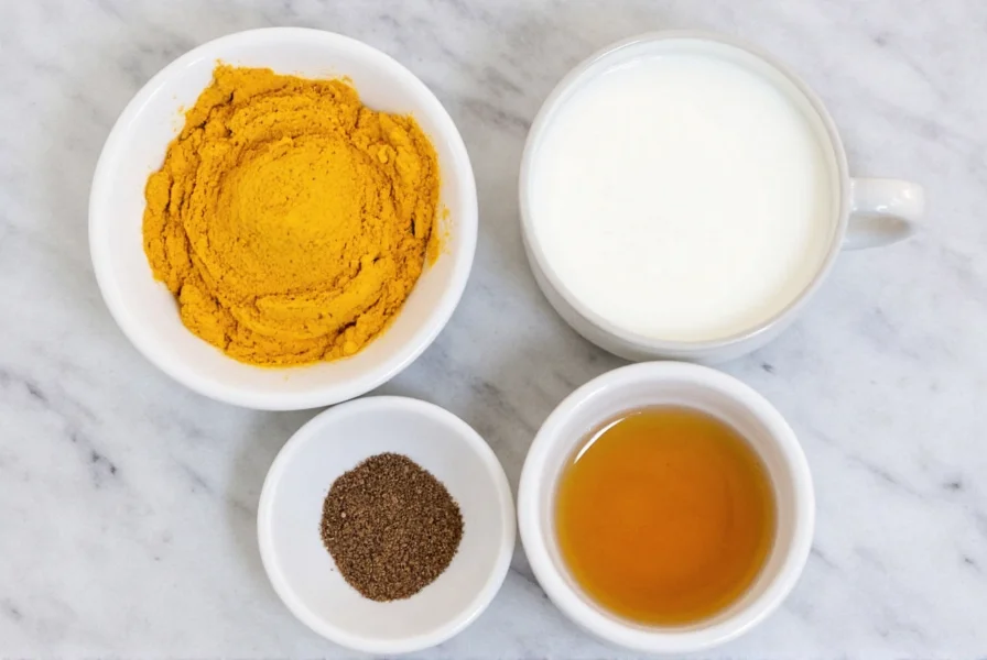 Golden milk recipe ingredients including turmeric powder, black pepper, coconut milk, and honey arranged on a kitchen counter