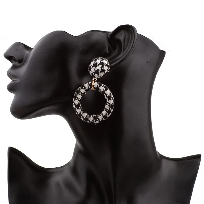 

New Geometric Big Round Circle Houndstooth Plaid Drop Earrings For Women Cloth Earrings Fabric Jewelry, 14k