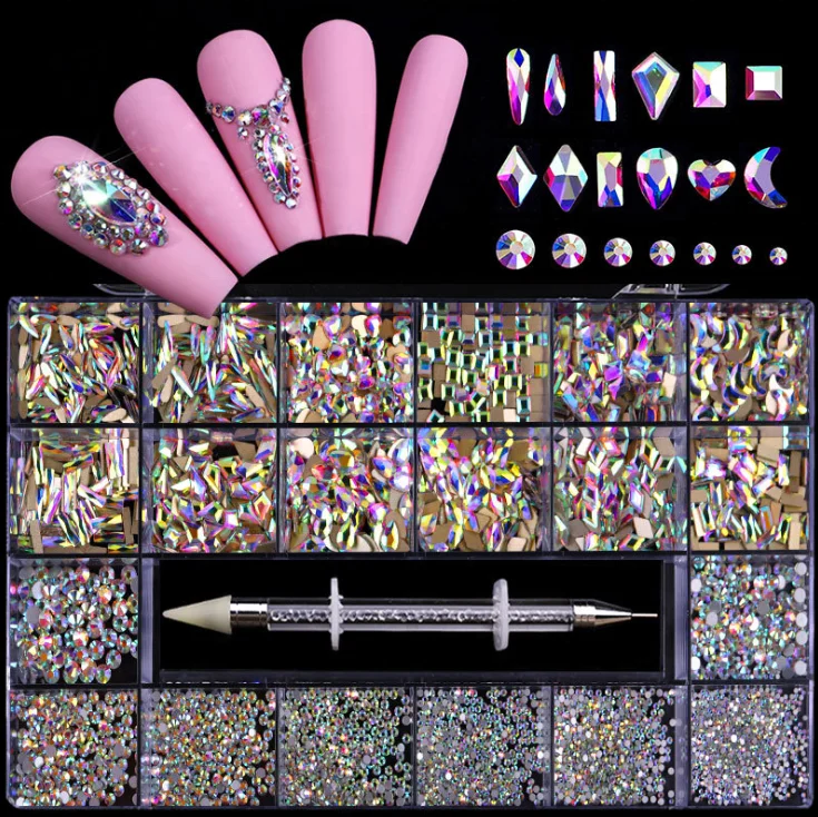 

Luxury 21Grids Boxes Crystal AB Rhinestone Nail Set Mix Size Crystal DIY Decorations Nails Art Decoration Popular 3 Boxes 0.5KG