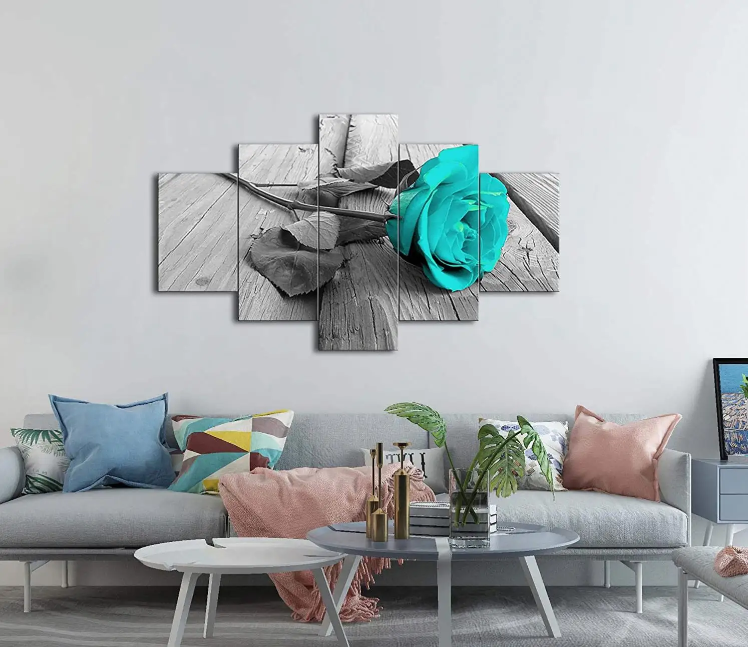 

Teal Rose Floral Light Blue Flower Canvas Wall Art Pictures Prints 5 Panel Artwork Modern Paintings