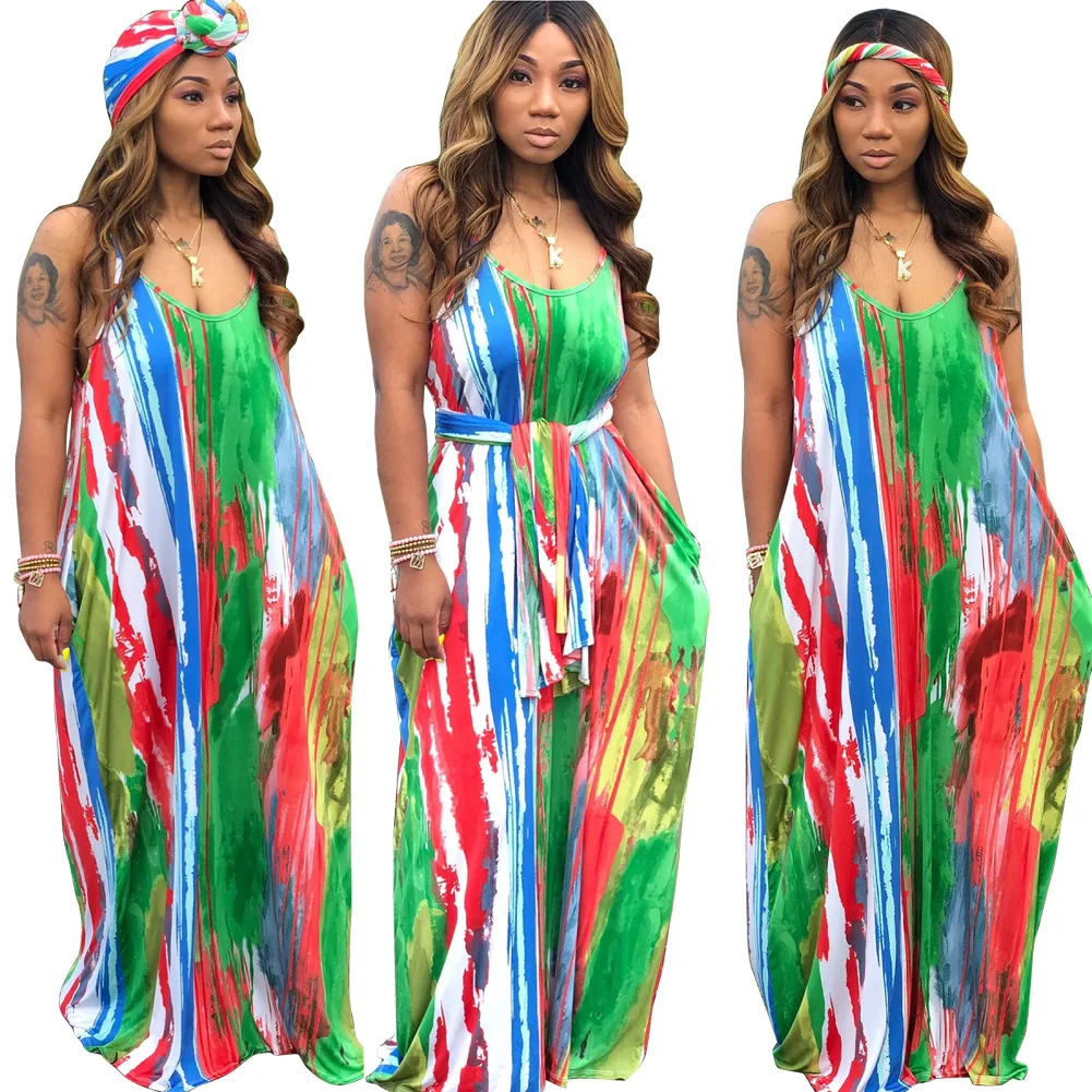 

2021 Womens Clothing Casual Print Colorful Strap Rainbow Tie Dye Loose Summer Plus Size Long Dress Women Maxi Dress