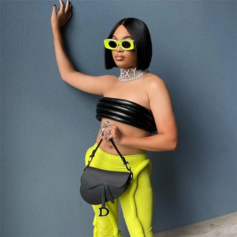 

Hot Selling Sexy Off Shoulder Strap Tight PU Imitation Leather Women Custom Tank Top Crop