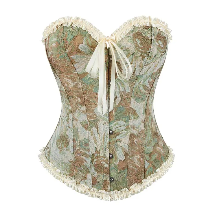 Floral Oil Printing Crocheted Overbust Corset Lace Trim Bustier Top Burlesque Lingerie Corselet