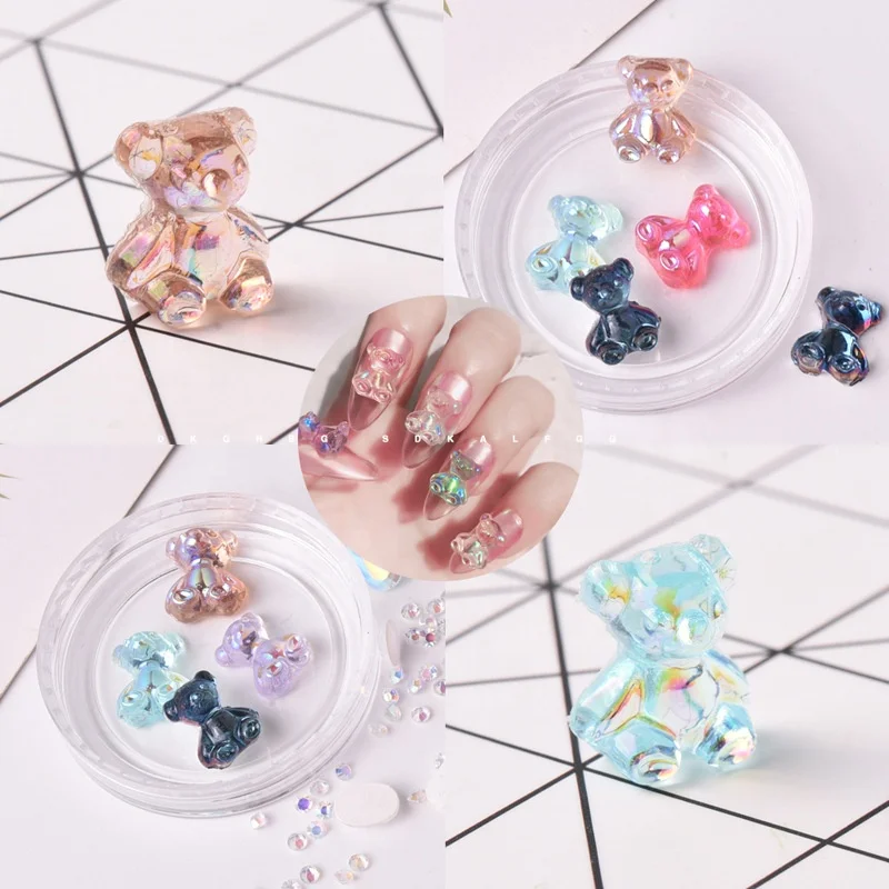 

3D Cute Nail Bear Decoration Accessories Aurora Symphony Plastic Resin Rhinestone Bowknot Nails Glitter Nail Art Charms, Multi color