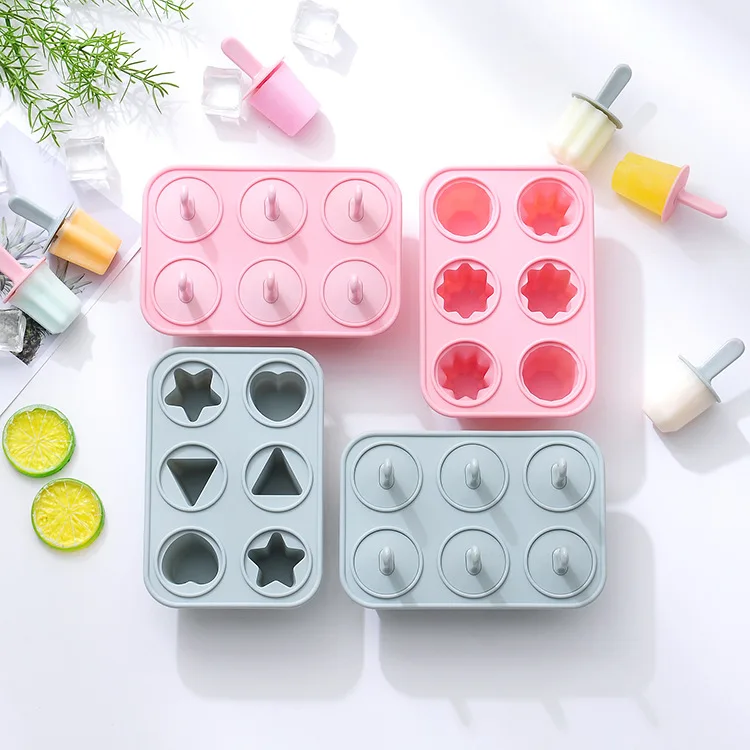 

HY51 Reusable DIY 6 Cavities ECO Cute Holder Sticker Ice Lolly Pop Cream freezer Case Tray Maker Mould Silicone Popsicle Mold, Pink, nordic blue