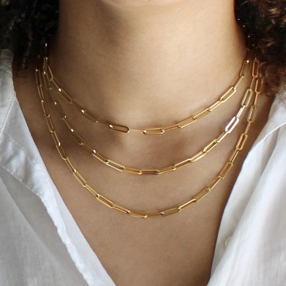 

2022 Custom Women 14K Gold Filled Paper Clip Chain Necklace Stainless Steel Rectangle Long Link Paperclip Choker Necklace
