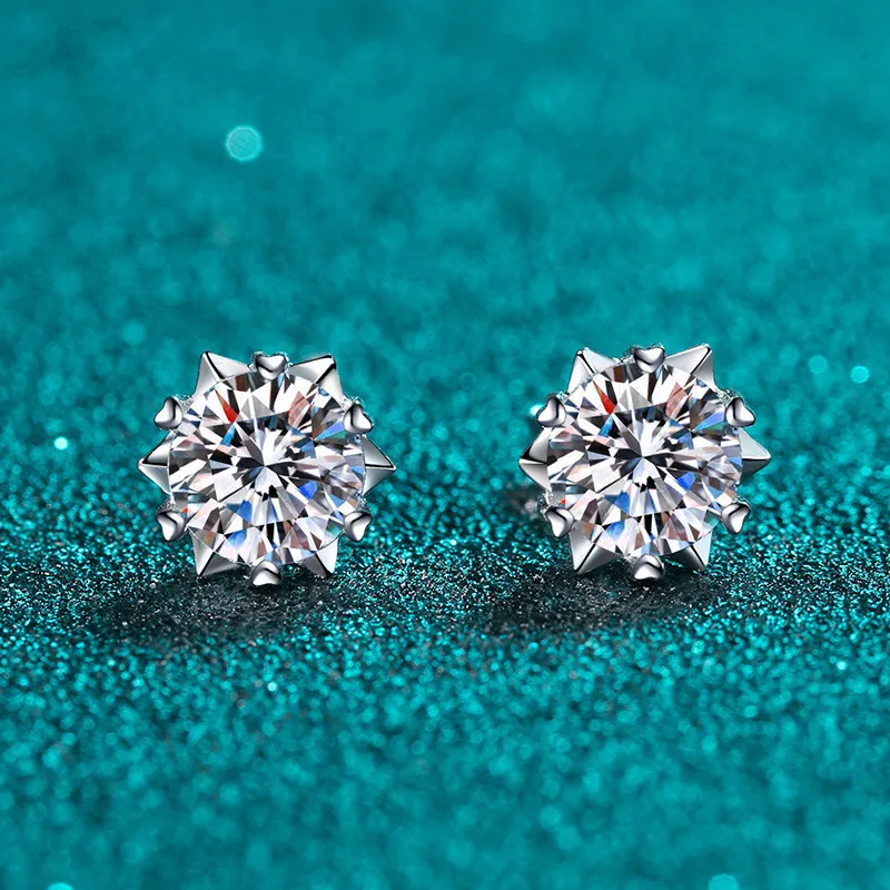 

Passed Diamond Test Excellent Moissanite Snowflake Earrings 925 Sterling Silver Perfect Cut 0.5-1 ct Stone Stud Earrings