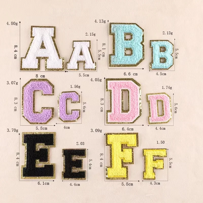 Hot sale Cheap  5.5cm/8cm  Glitter Gold Edge colorful Embroidered  Letter Chenille Patches