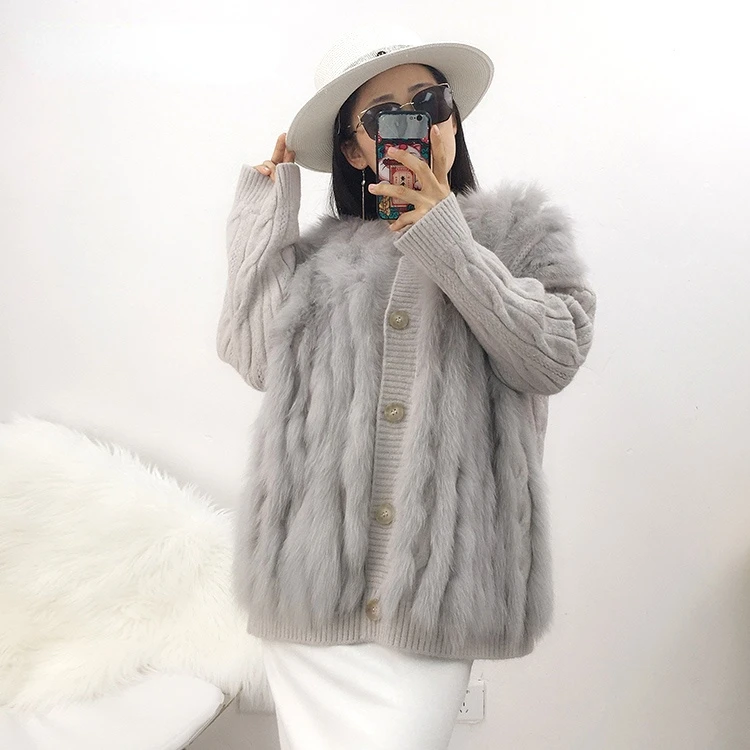 

OFTUBY 2021 New Natural Fox Fur Coat Knitted Sweater Striped Winter Women Jacket Warm Thick Outerwear Loose Fashion Streetwear