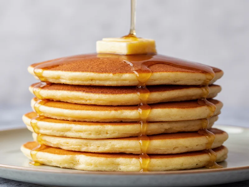 Fluffy golden pancakes stacked with maple syrup drizzle
