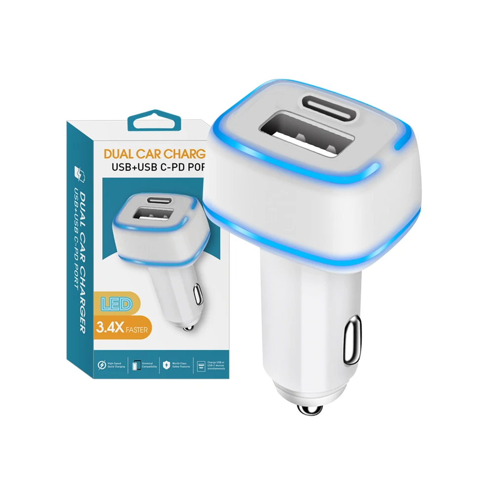 

12v /24v Mini Car Charger Quick Charging LED USB C Car Charge Adapter Custom USB Charger 2 Port Car Charger, Black/ white