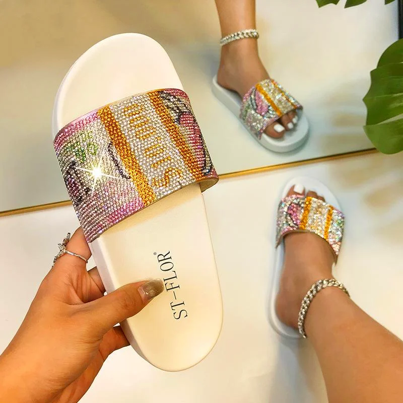

2021 Summer Women's Sandal Outdoor Footwear Casual Slide Jelly Sandal Ladies Slipper PU Rhinestone Flat New Fashion Wedge Shoes