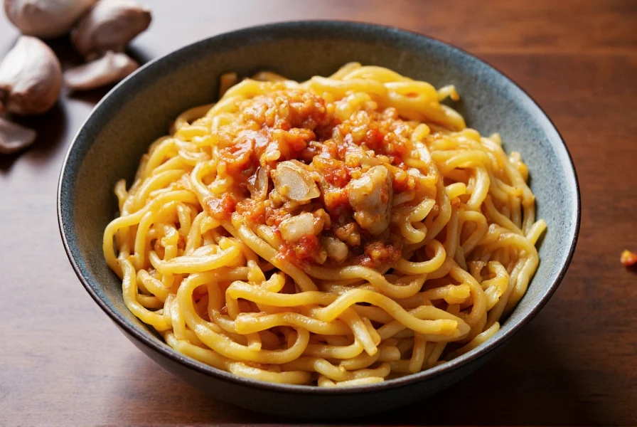 Noodles topped with S&B chili oil showing visible garlic crunch