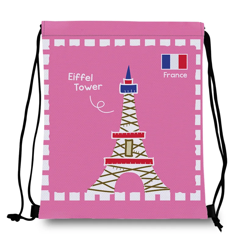 

2022 Custom France Eiffel Tower Logo Polyester Advertisement Sports Travel Gifts Drawstring Backpack Bag