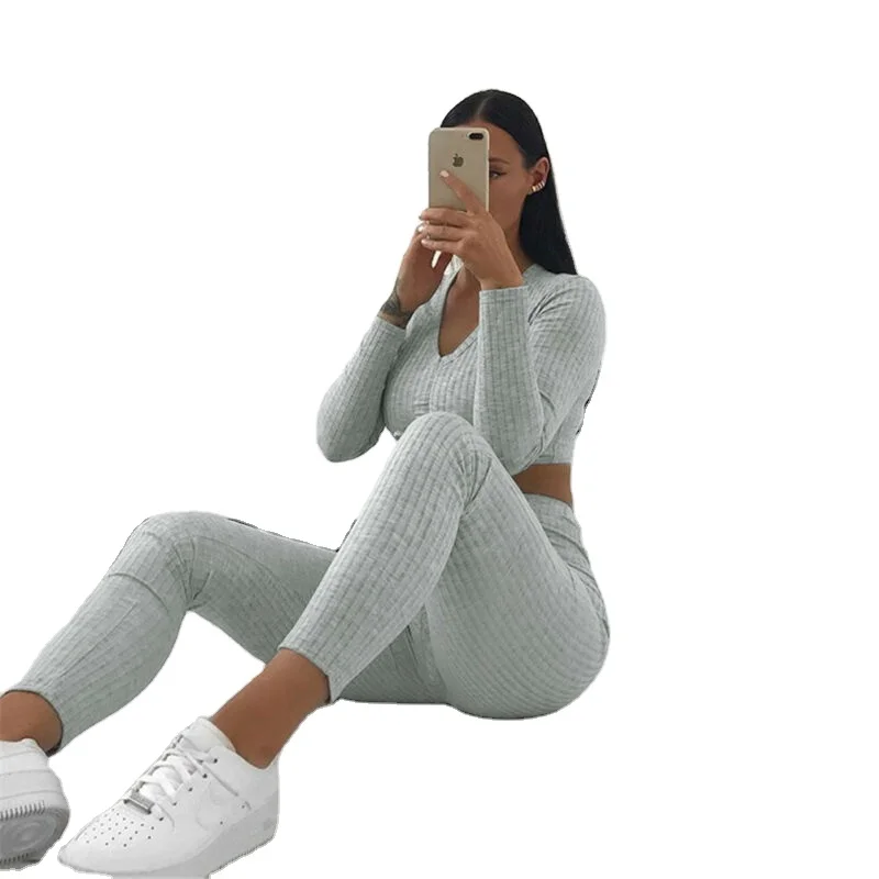 

Women Knitted Lounge Wear Sets 2pcs Crop Top Suit Ladies Tracksuit Set Autumn Casual Streetwear Clubwear XQM