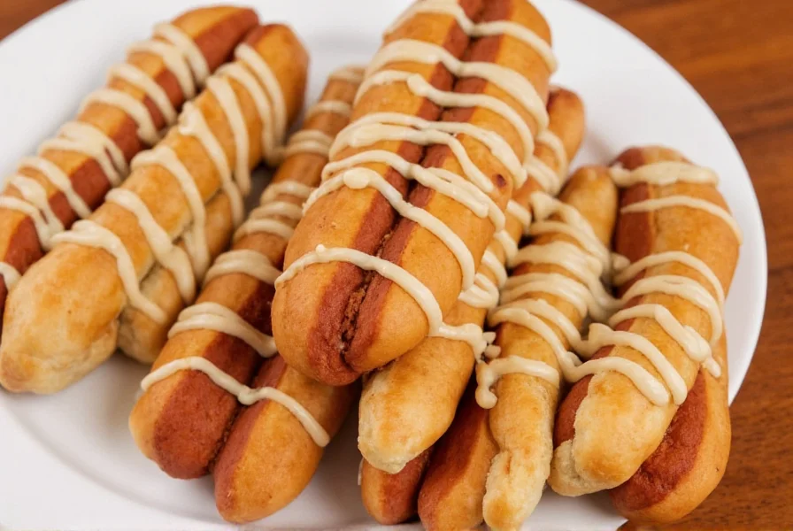 Step-by-step preparation of cinnamon dogs showing hot dogs wrapped in crescent dough, coated with cinnamon sugar, and arranged on a baking sheet before oven baking