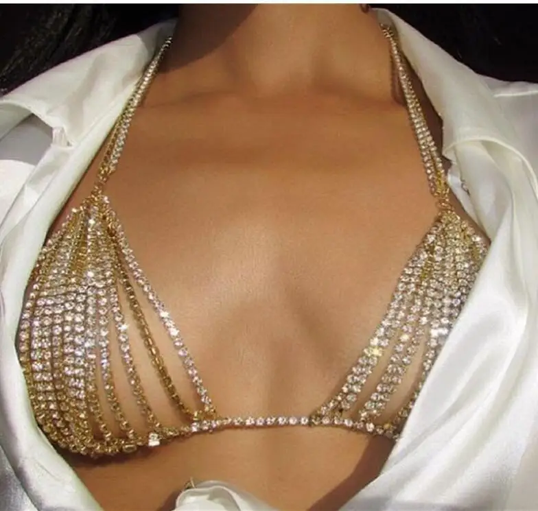 

Sexy diamond inlaid chain personality multilayer Rhinestone bikini chest chain body chain sexy underwear, Customized