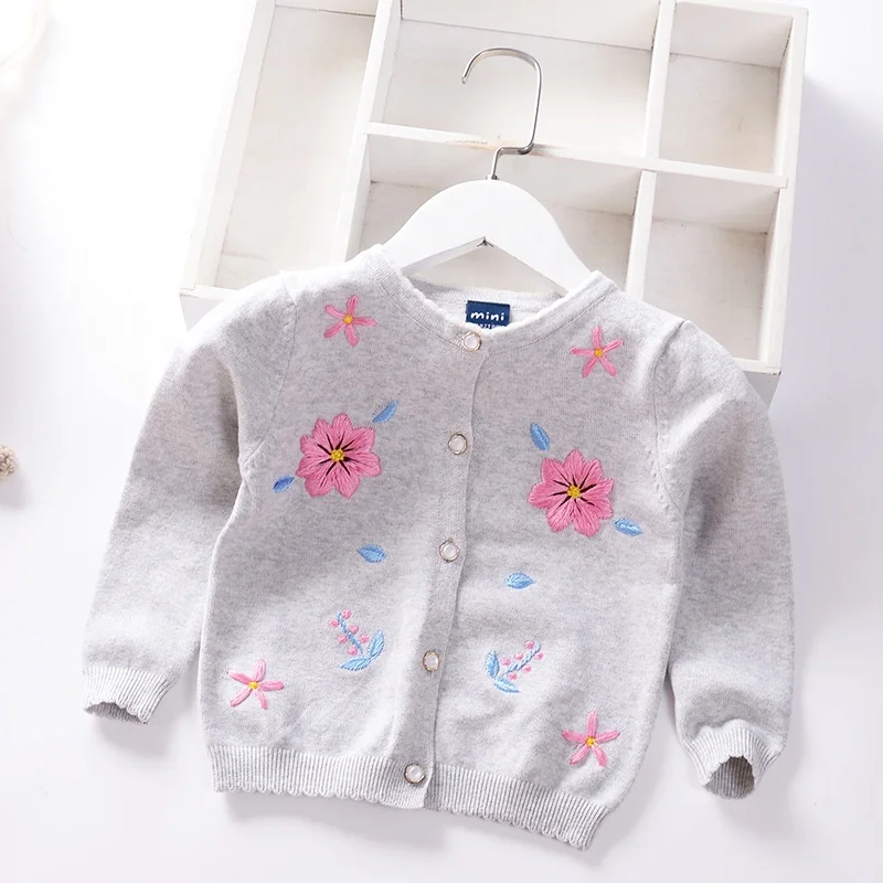 

B63055A autumn 2020 baby sweater Baby sweet embroidered flower coat sweater, Gray/pink/yellow
