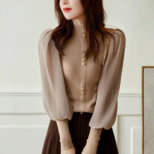 Boutique Wholesale 2026 Autumn New Loose Auricularia Half High Collar Lantern Sleeves Backed Knitwear Women's Sweater