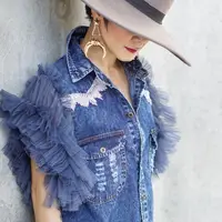 

2019 newest ladies fairy mesh lace bubble sleeve blouse slim fit fashion design summer women' sequins denim shirt blouse tops