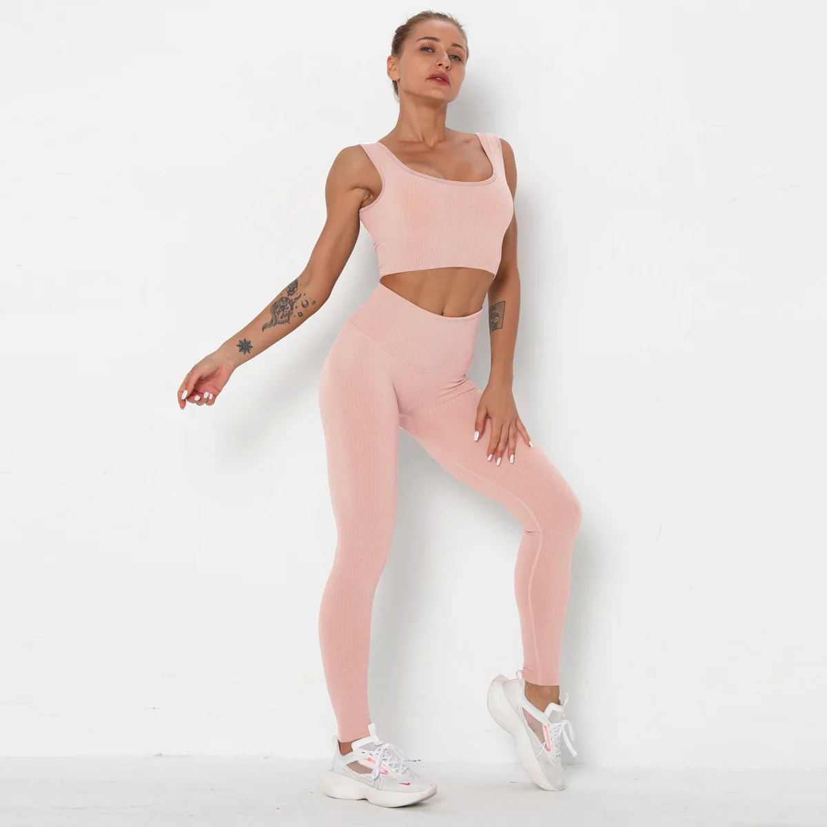 

2021 Women Seamless Yoga Set Sports Bra Gym Clothing Solid Crop Tops Female High Waist Leggings Workout Pants Running Trousers