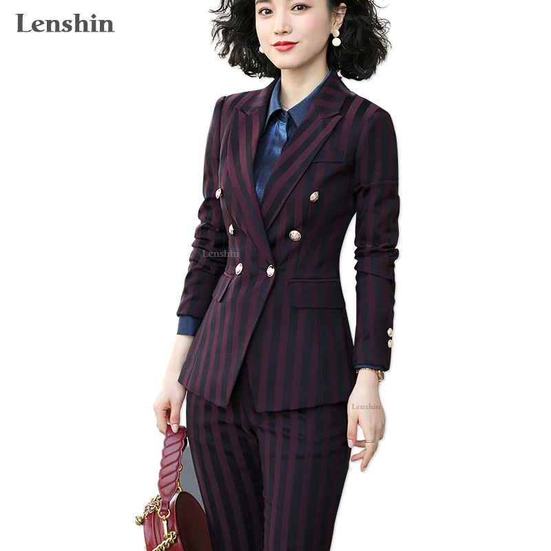 

High-quality Soft 2 Piece Suit Set Striped Formal Pant Suit Blazer Office Lady Women Business Jacket and Ankle-Length Trouser, Red, blue