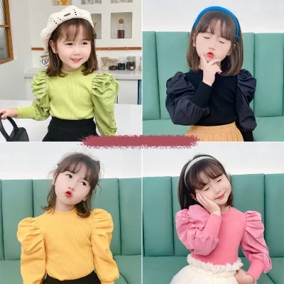 

Hot sale toddler girls boutique spring autumn puff sleeves solid blouse tops, Picture shows