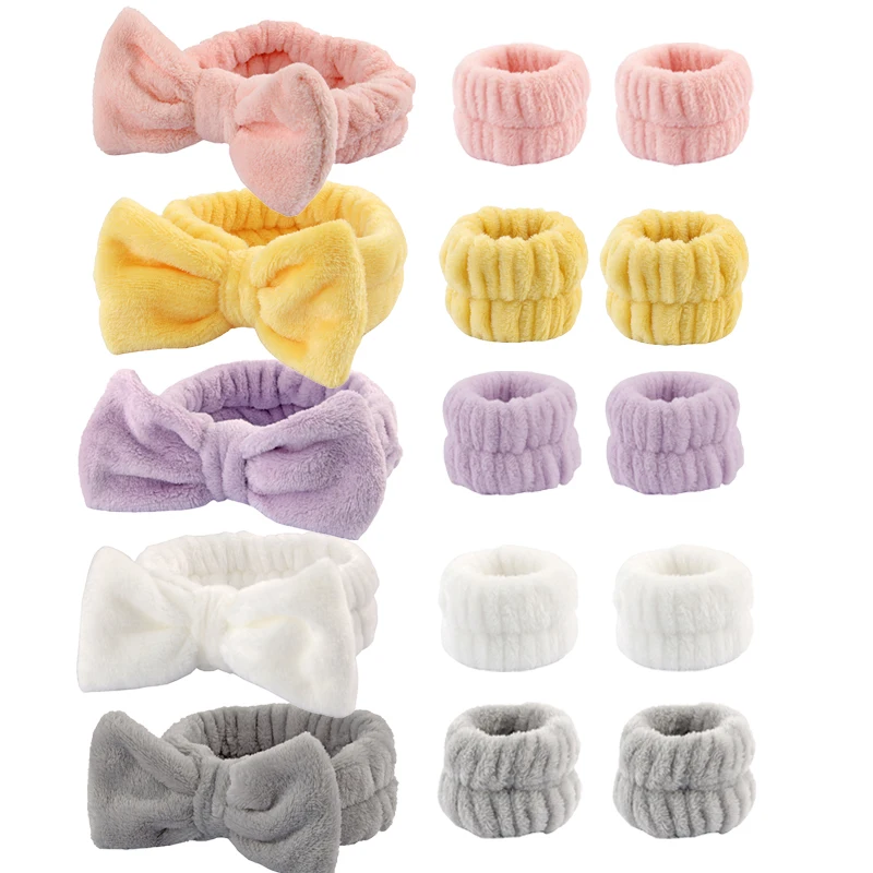 

Wholesale Flannel Skincare Spa Wristband Makeup Facial Wrist Washband Face Towel Wash Bow Headband Set