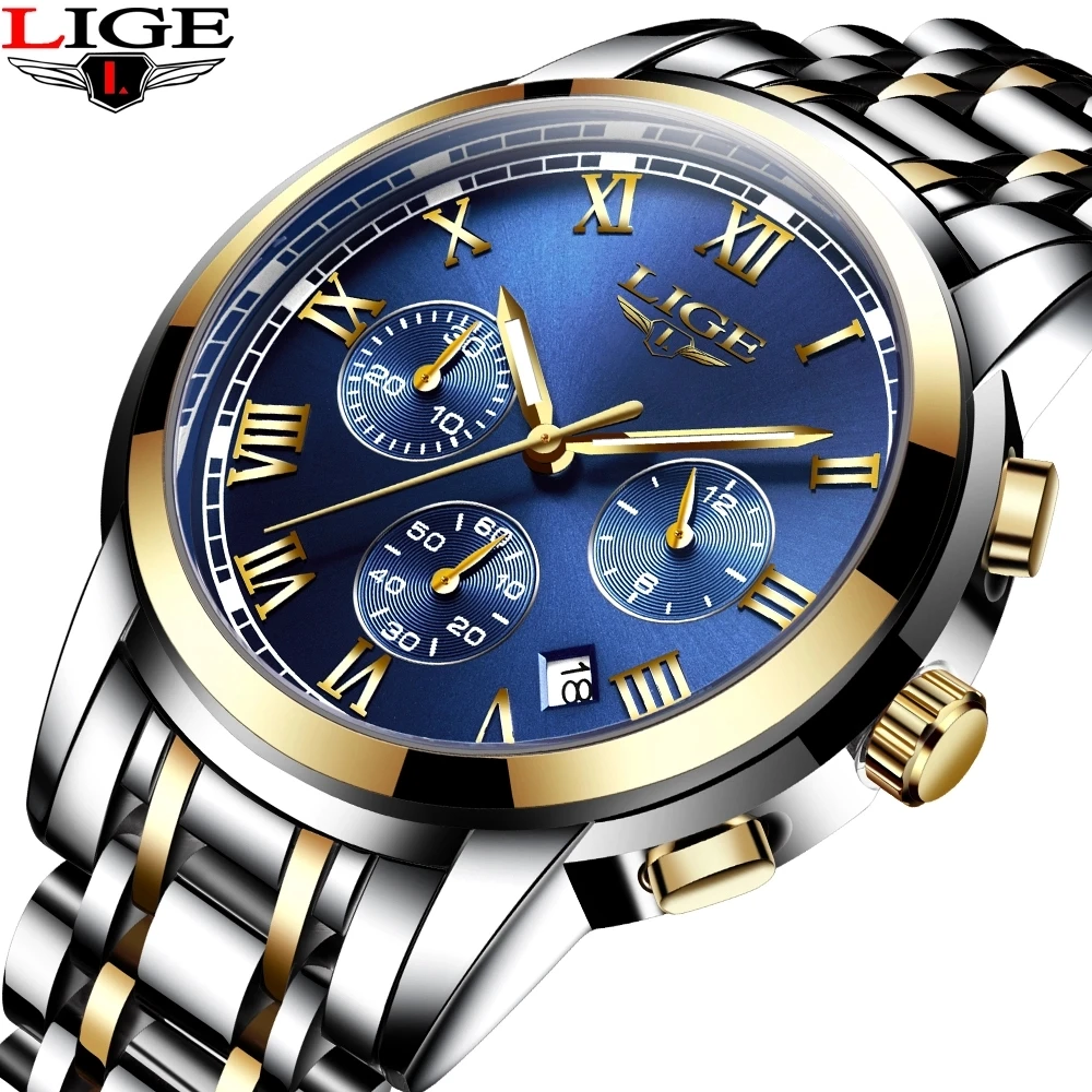 

Lige 9810 Trendy Men Quartz Watches Relojes Hombre Chrono Stainless Steel Water Proof Watch Men Luxury