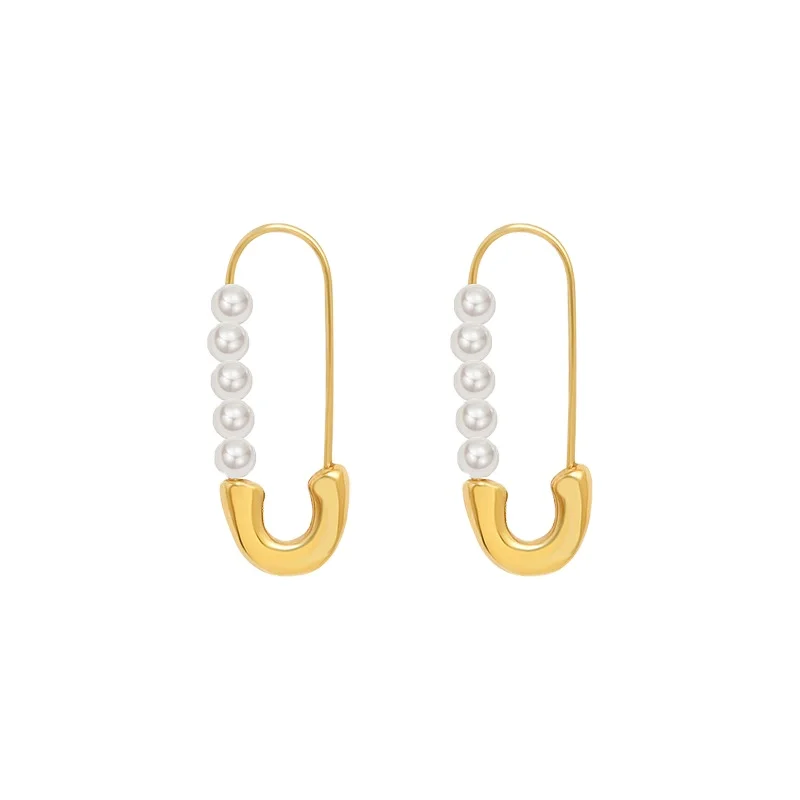 European And American Popular Retro Style Paper Clip Pearl Earrings Stainless Steel 18K Gold Plated Earrings Jewelry