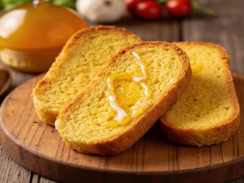 Sliced cornbread with honey drizzle on rustic wooden board