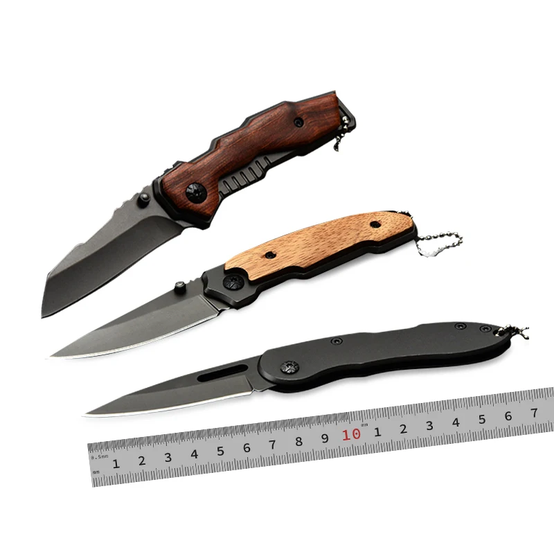 

Outdoor EDC stainless steel knife wood handle tactical camping survival titaniums folding pocket knife sets