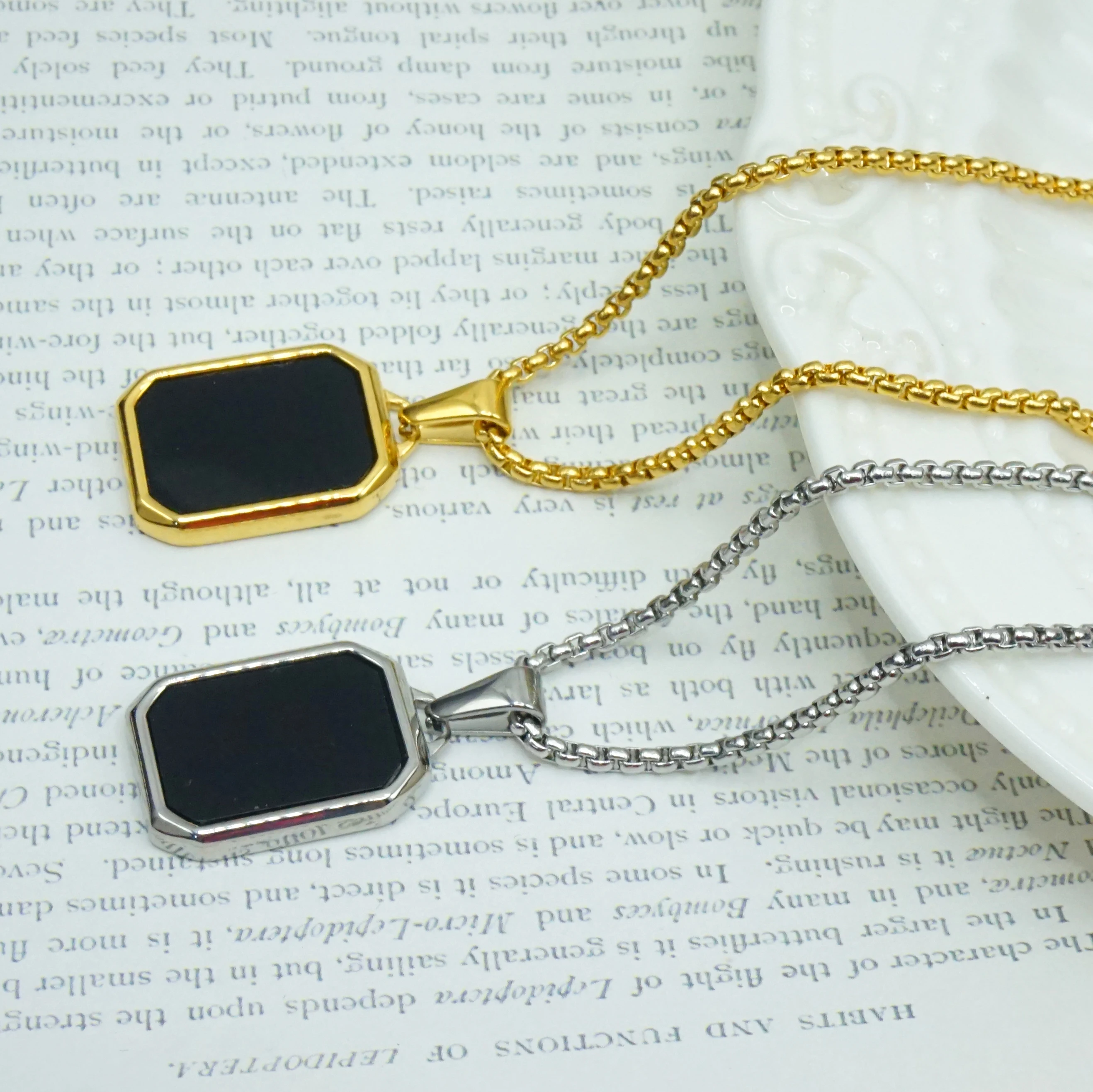 

Stainless Steel Jewelry Wholesale Men Stone Necklace Non Tarnish Square Black Onyx Pendant 18k Gold Turquoise Gemstones Necklace