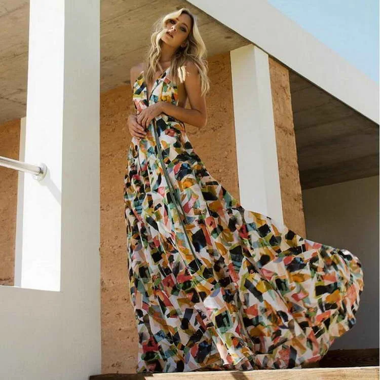 

Wholesale Sexy Women Fashion Plus Size Sleeveless Halter Long African Print Designs Beach Dresses, As picture