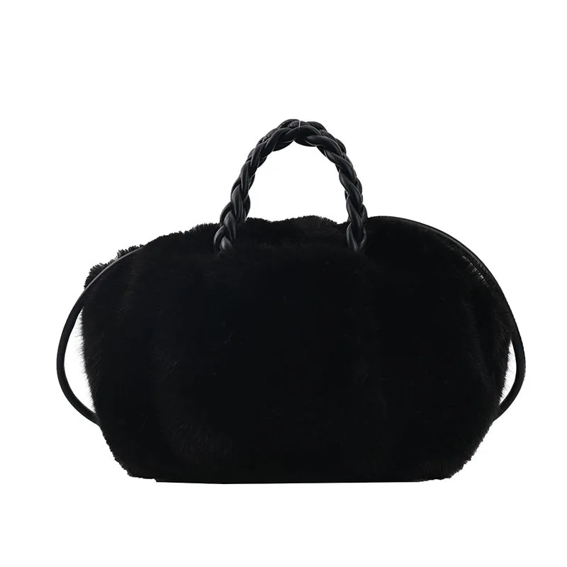 

black color handmade pu leather handle strap trendy purse fashion barrel soft faux fur handbags for women, 4 colors
