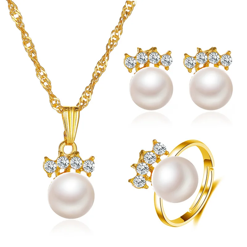 

Fashion Wholesale Dubai Wedding Jewelry 14k Gold Pearl Jewelry Sets Earring Necklace Ring Set