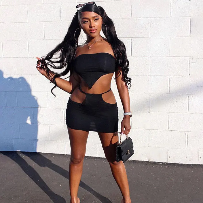 

FS3611A Sexy Wrap Chest and Skirt Set Night Party Clubwear Bandage Hollow Out 2 Piece Outfits dress