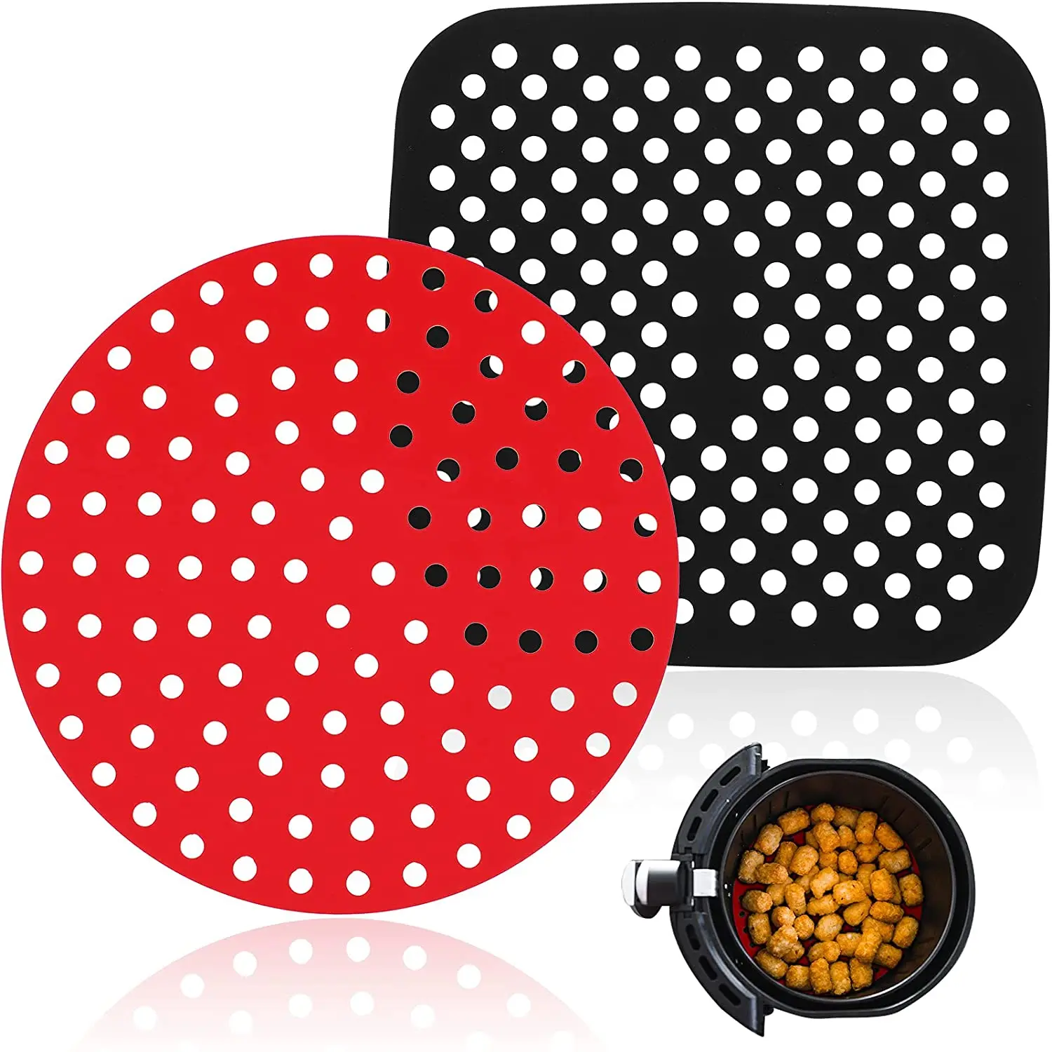 

Reusable Non-stick Round Square Silicone Air Fryer Liners Heat Resistant Anti-slip Food Grade Silicon Air Fryer Mats, Black,red