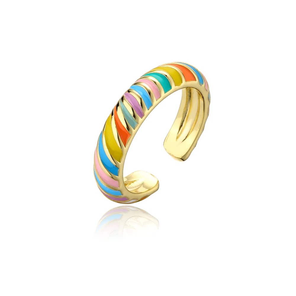 

European Hot Sale Oil Dripping Croissant Open Ring Colorful Enamel Stripe Croissant Open Finger Rings for Women Girls