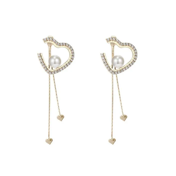

s925 silver post Korean fashion full diamond love tassel long earrings women