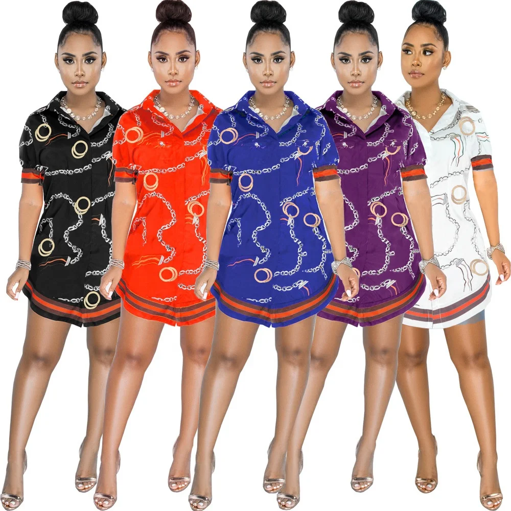 

MT63-0341 Fashion Turndown Collar Short Sleeve Button Up Plus Size Print Dress Summer Casual Outfits casual dresses
