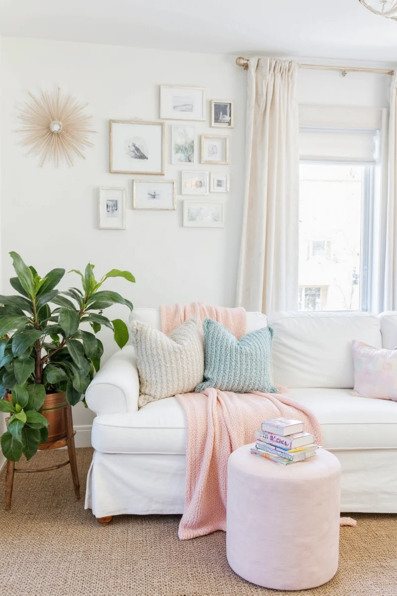 Family-friendly living room with colorful children's art framed