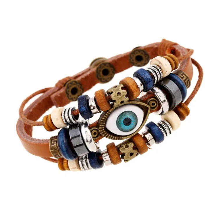 

Wholesale custom mens silver leather bracelets blue eye bracelet, Brown