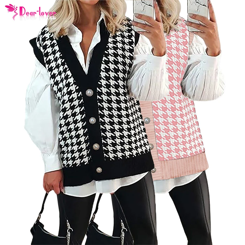 

2021 New Design Women Houndstooth Knitted Sleeveless Cardigan Vest Woman