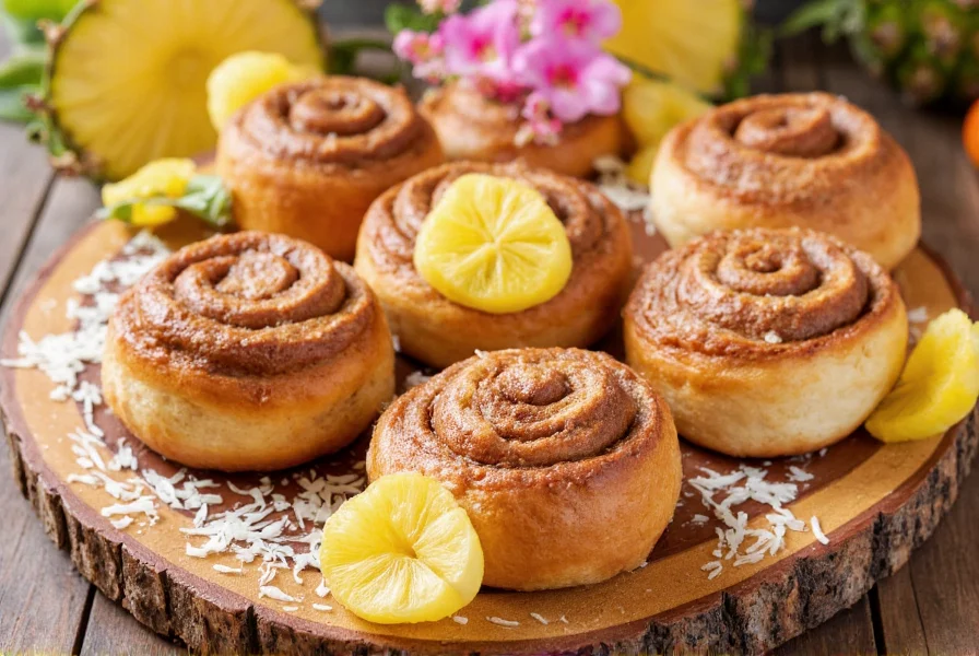 Hawaiian cinnamon rolls served on a wooden board with tropical garnishes including pineapple slices and coconut shavings
